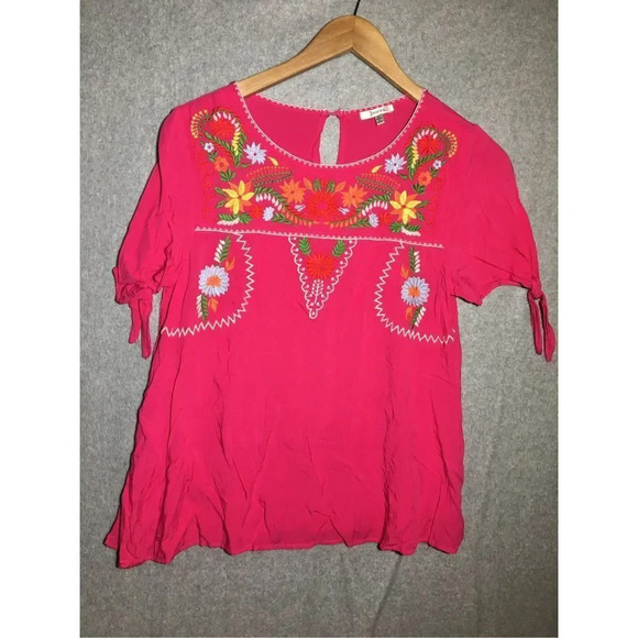 Womens Jodifl Blouse Embroidered Bright Pink Floral Boho Bohemian Beachy - Picture 1 of 6